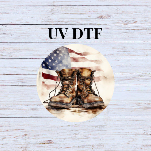 UV DTF Sticker print. American Flag Military Boots Round decal, tumbler decal. UV wrap for glass can tumbler.#7171