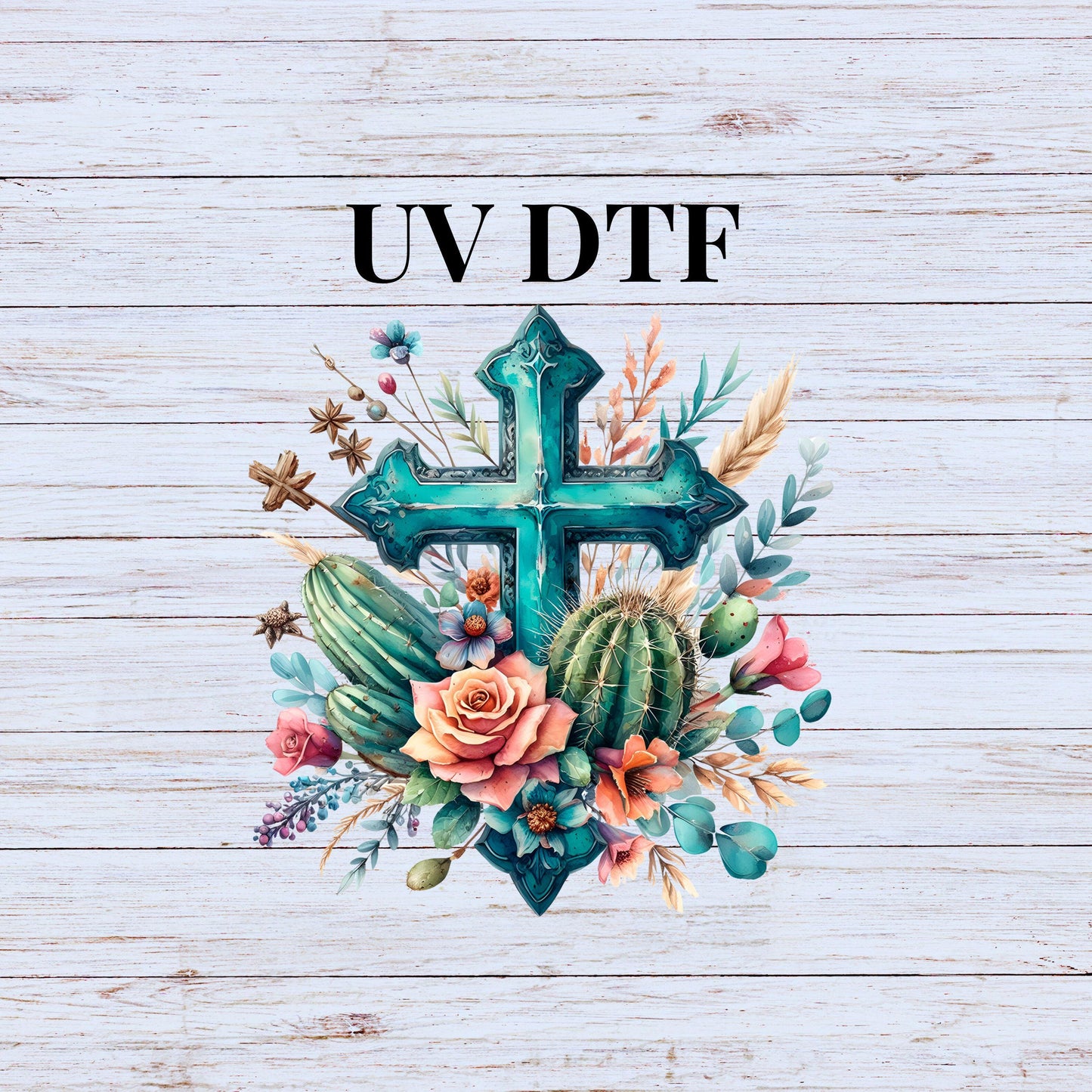 UV DTF Sticker print. Western Country Teal Cross decal, tumbler decal. UV wrap for glass can tumbler.#2023