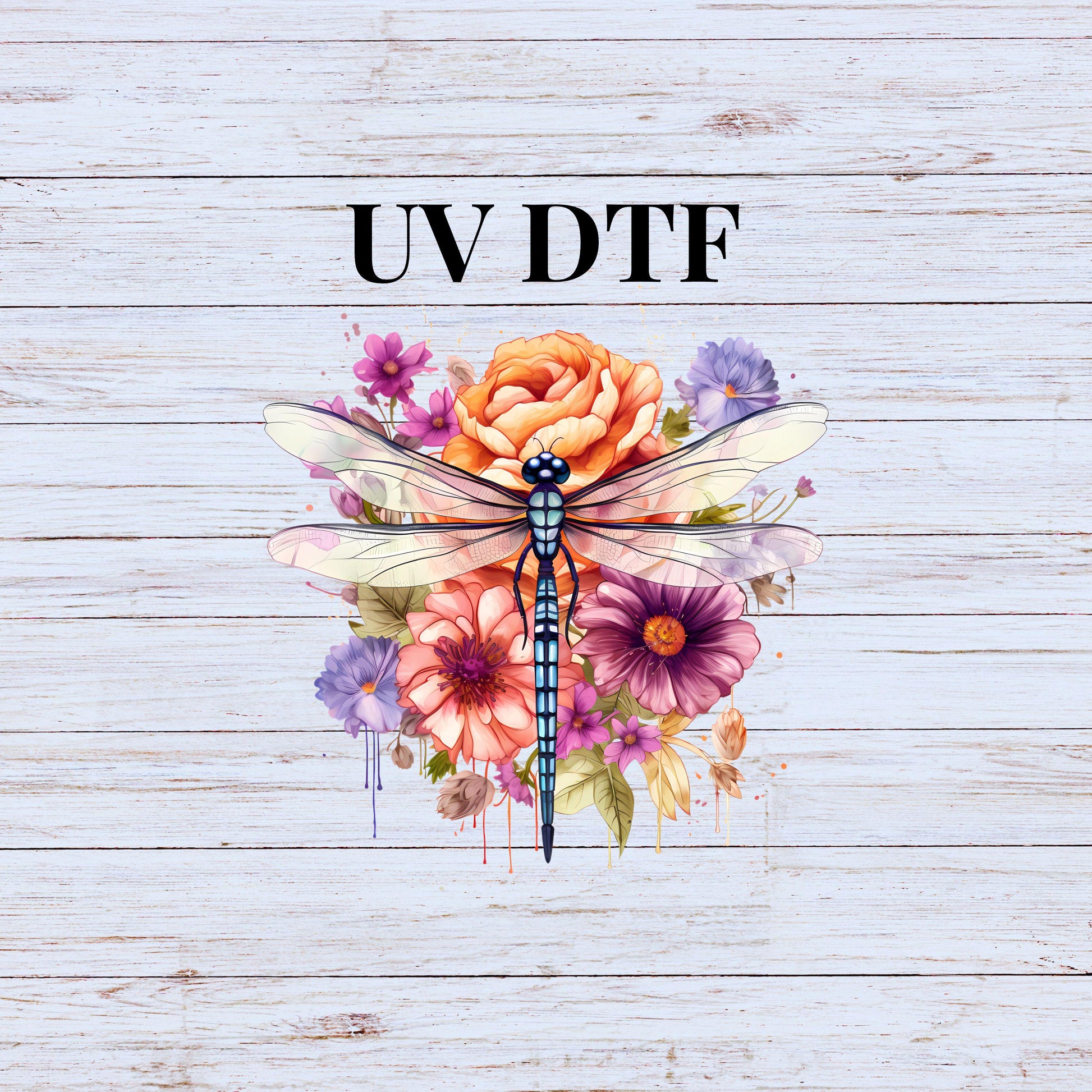 UV DTF Sticker print. One Floral Dragonfly in a bed of flowers decal, tumbler decal. UV wrap for glass can tumbler.#1044