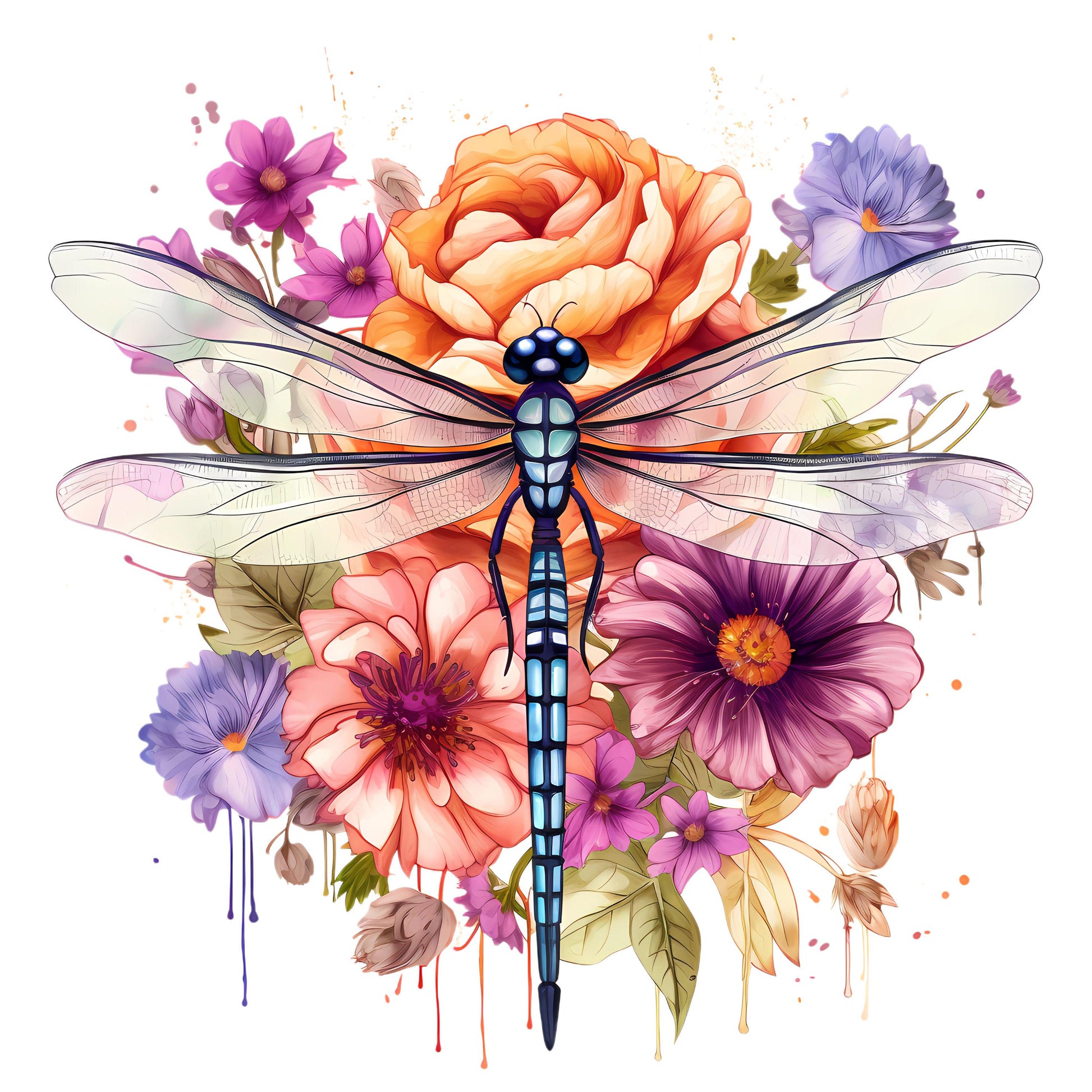 UV DTF Sticker print. One Floral Dragonfly in a bed of flowers decal, tumbler decal. UV wrap for glass can tumbler.#1044