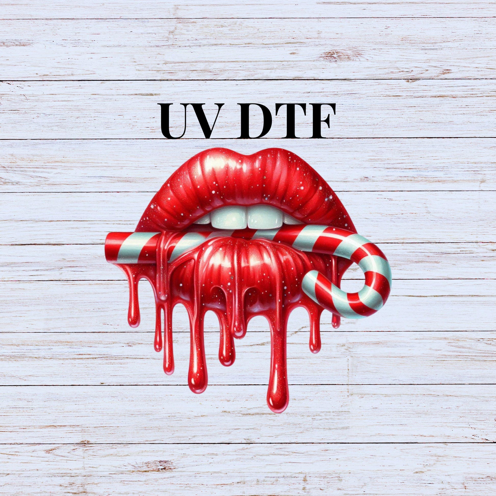 UV DTF Sticker print Candy Cane Drip Lips decal, tumbler decal, permanent sticker. #7193