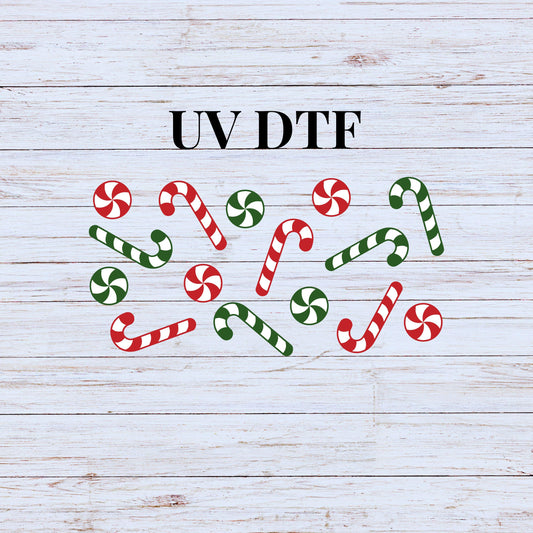 UV DTF Sticker print Red Green Candy cane & mint Wrap Christmas decal, tumbler decal, permanent sticker. Uv wrap for glass can tumbler.#7194