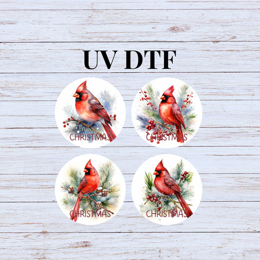 UV DTF Sticker print Red Cardinal 4pk round Christmas Ornament decals, tumbler decal, permanent sticker. Uv wrap for glass can tumbler.#7196