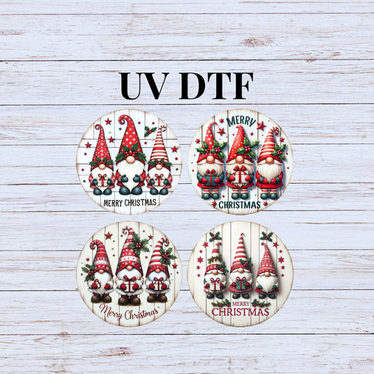 UV DTF Sticker print Gnome Merry Christmas 4pk round Christmas Ornament decals, tumbler decal, permanent sticker.#7196