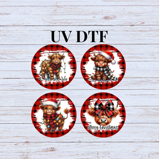 UV DTF Sticker print Plaid Cow Red and Black pattern Christmas 4pk round Christmas Ornament decals, tumbler decal, permanent sticker.#7196