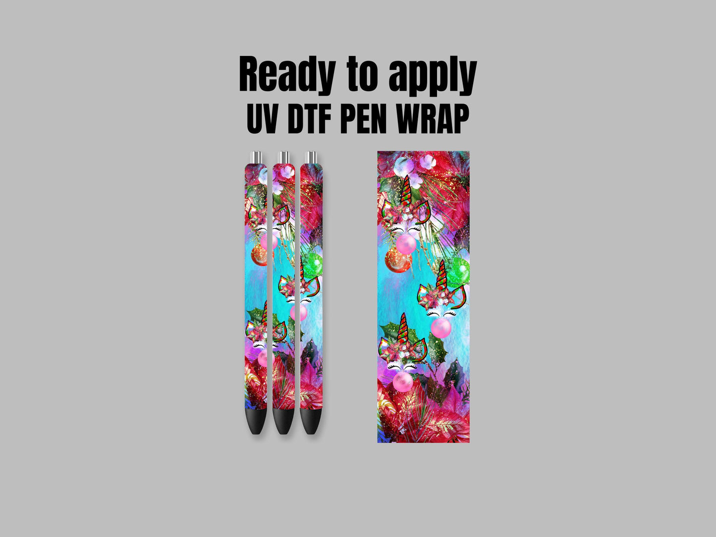 UV DTF Pen Wrap Ready To Apply Sticker Print. Full color Christmas Unicorn blowing a bubble Uv Dtf Pen wrap. #8021