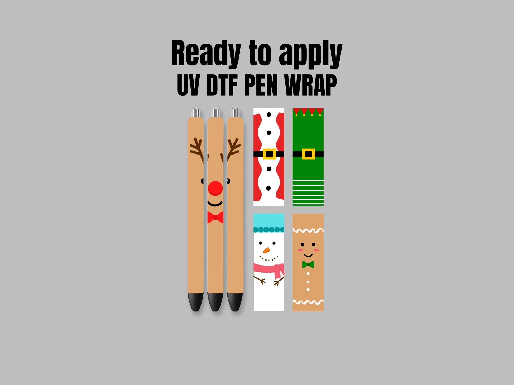 UV DTF Pen Wrap Ready To Apply Sticker Print. Full color Christmas Santa, Elf, Snowman, Gingerbread and Reindeer Bundle of 5 Pen wraps.#8022