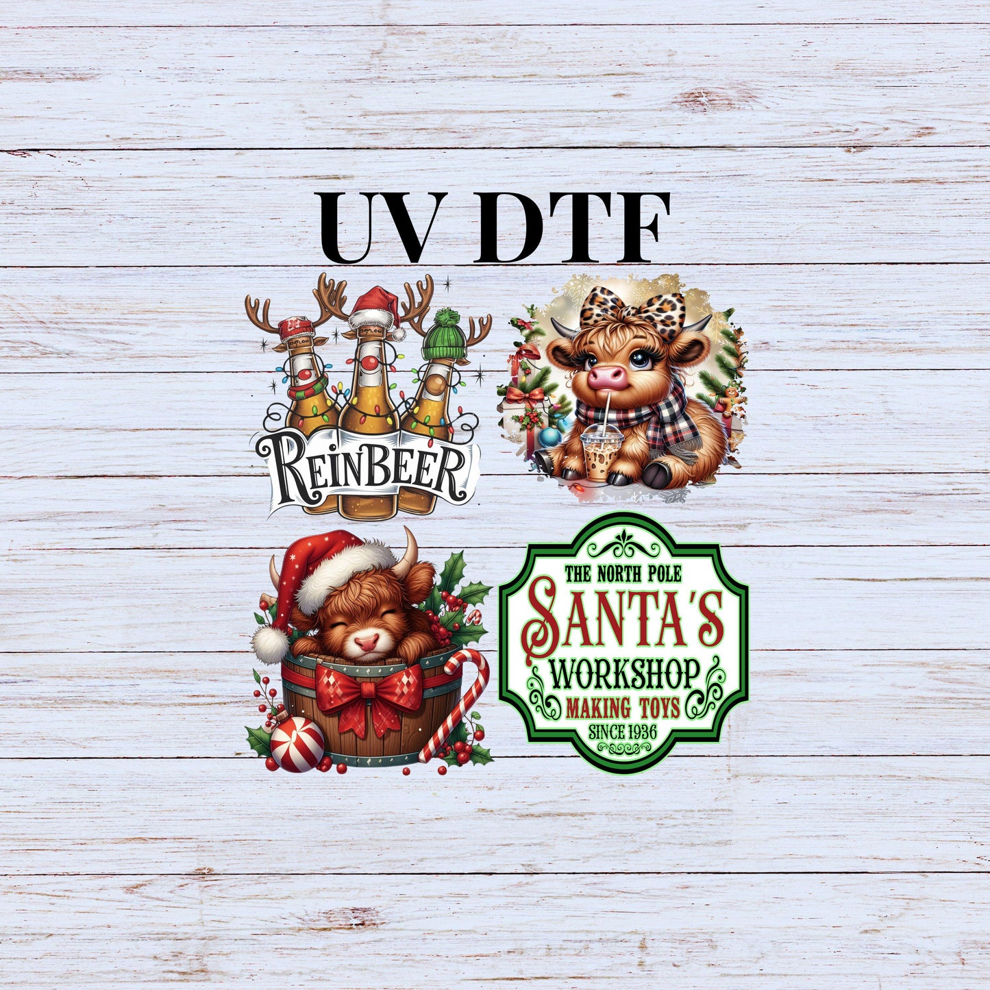 UV DTF Sticker print. Moo Christmas Bundle of 4 decal, tumbler decal. UV wrap for glass can tumbler.#7200