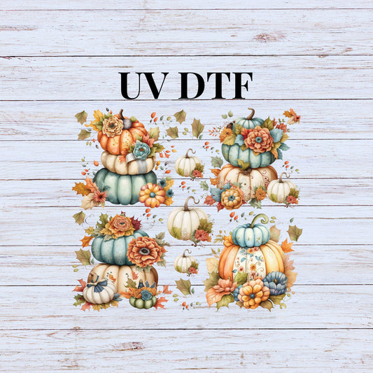 UV DTF Sticker print. Farmhouse pumpkin element sheet with teal, white and orange colors, tumbler decal. UV wrap for glass can tumbler.#7203