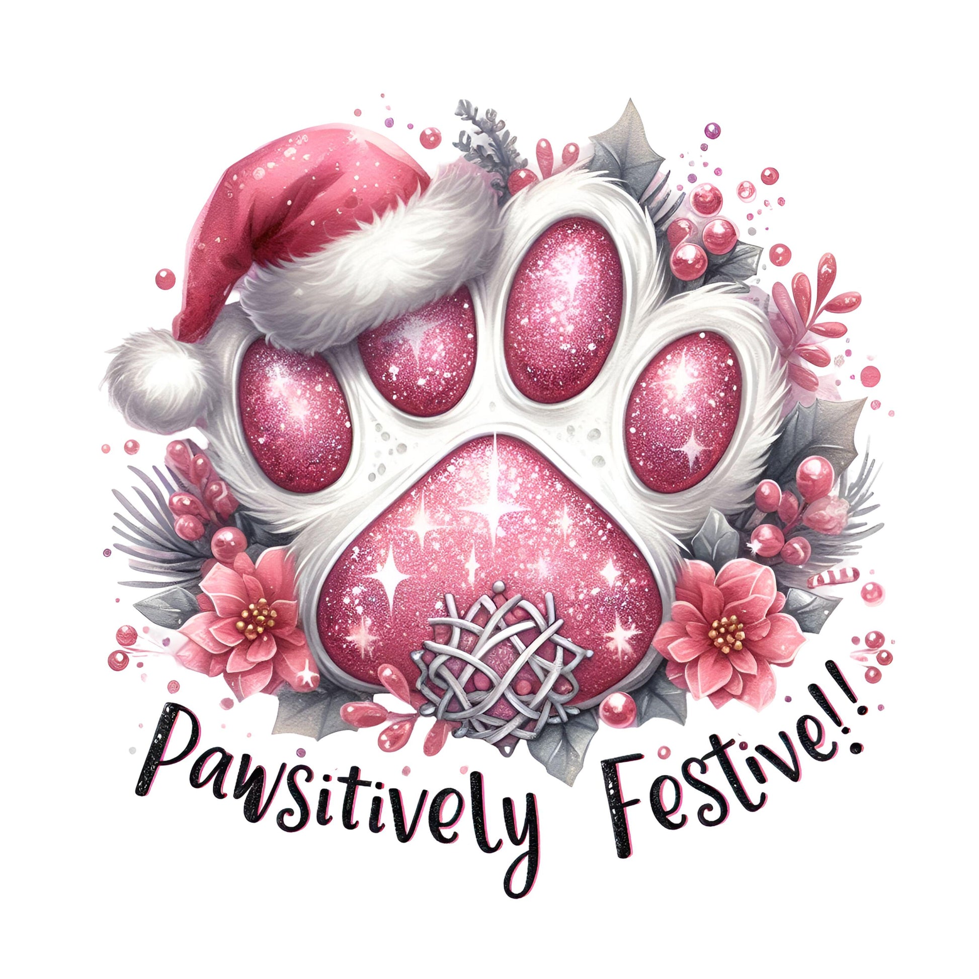 UV DTF Sticker print Pawsitively Festive pink glitter dog paw Christmas decal, tumbler decal, permanent sticker. #7211