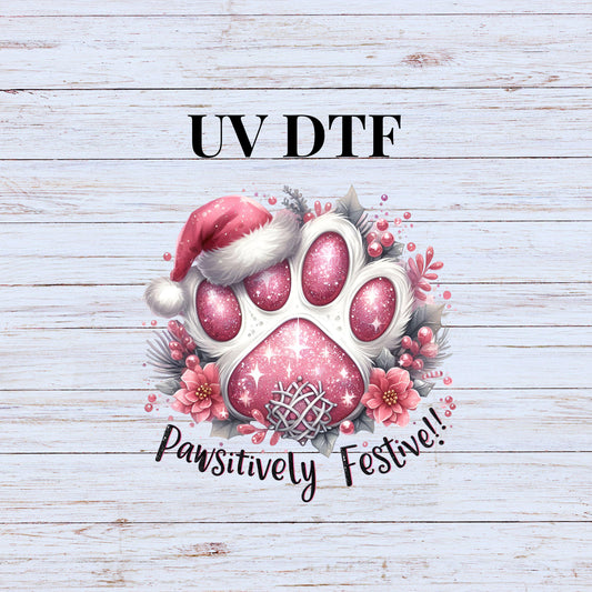 UV DTF Sticker print Pawsitively Festive pink glitter dog paw Christmas decal, tumbler decal, permanent sticker. #7211