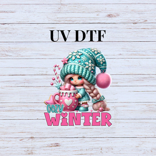 UV DTF Sticker print Cozy winter pink and teal Christmas decal, tumbler decal, permanent sticker. #7210