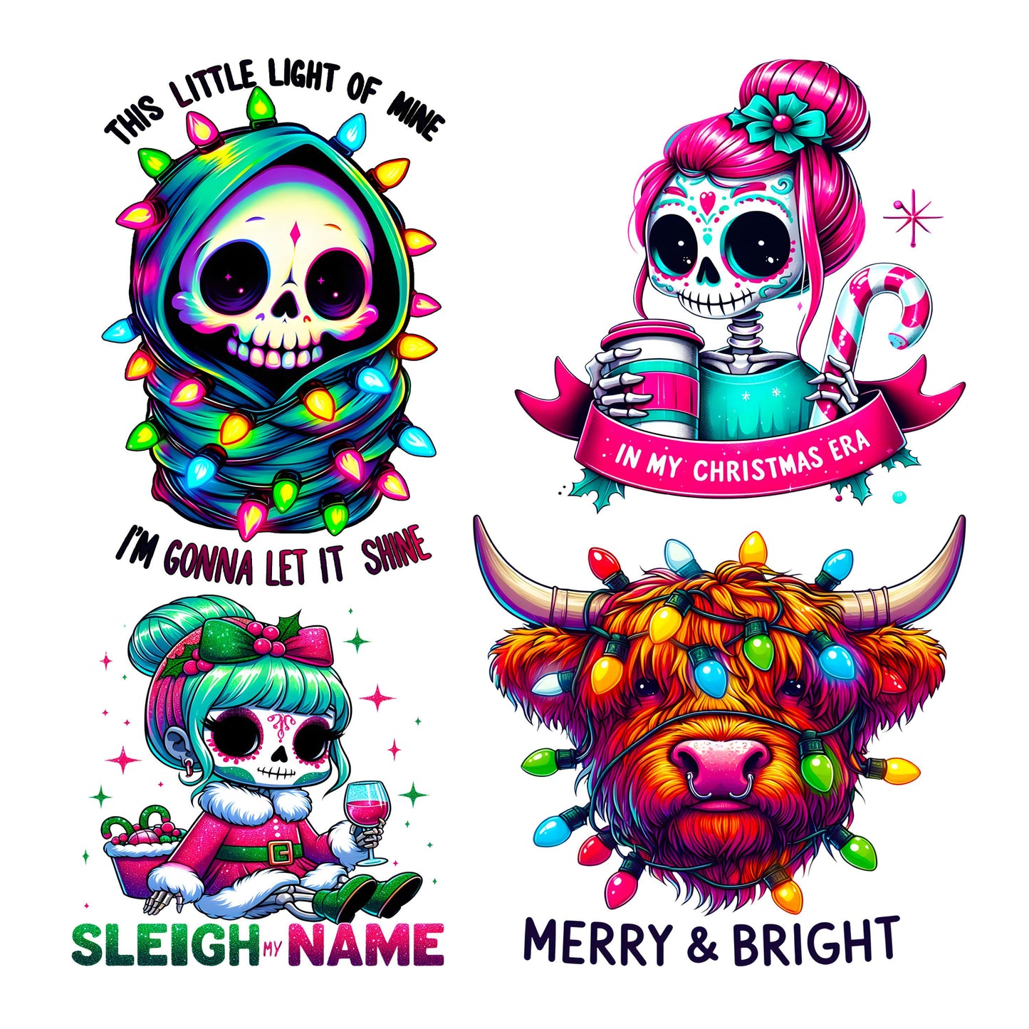 UV DTF Sticker print Sleigh my name bundle of 4 decals, in my Christmas Era, merry and bright skull decal, permanent sticker. #7217