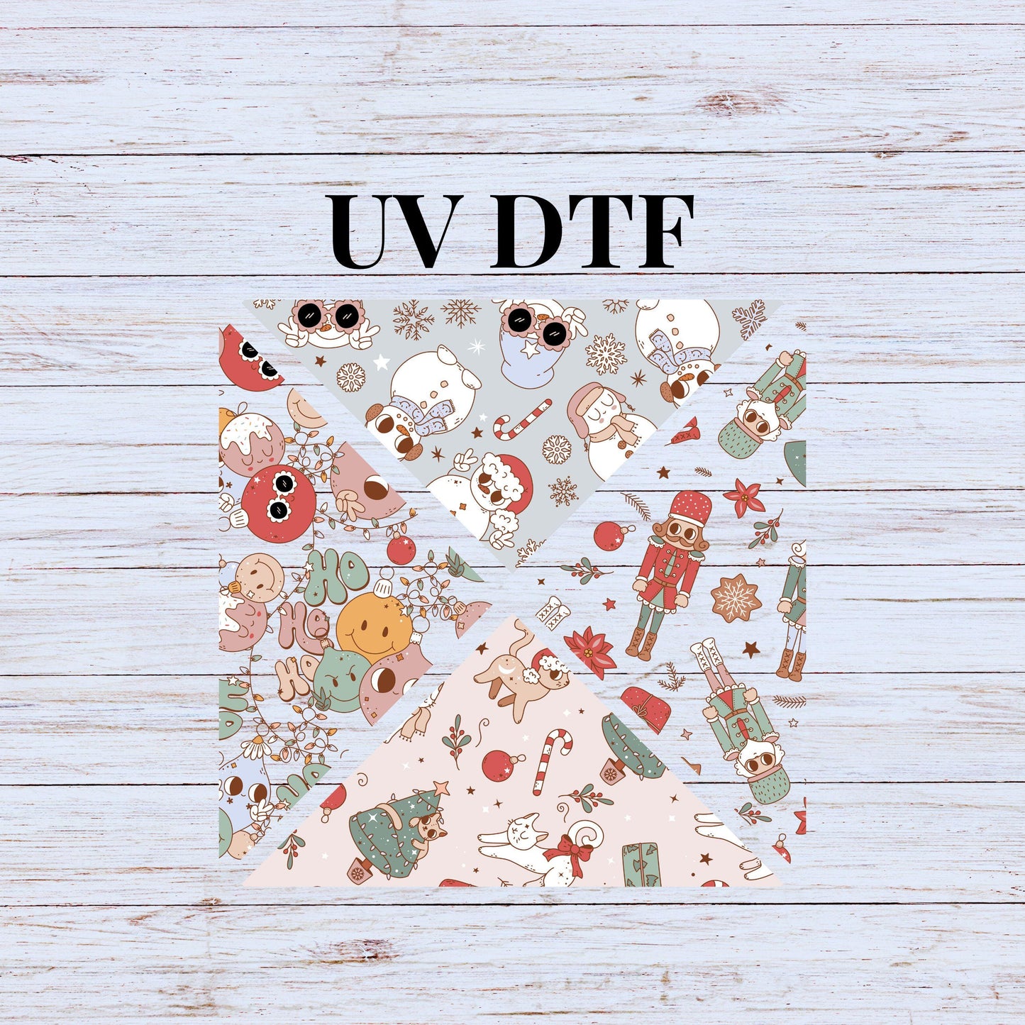 UV DTF Sticker print. Vintage Christmas Transparent 2 sides 4 triangle V Split Helper tumbler wrap decal, tumbler decal. #5223