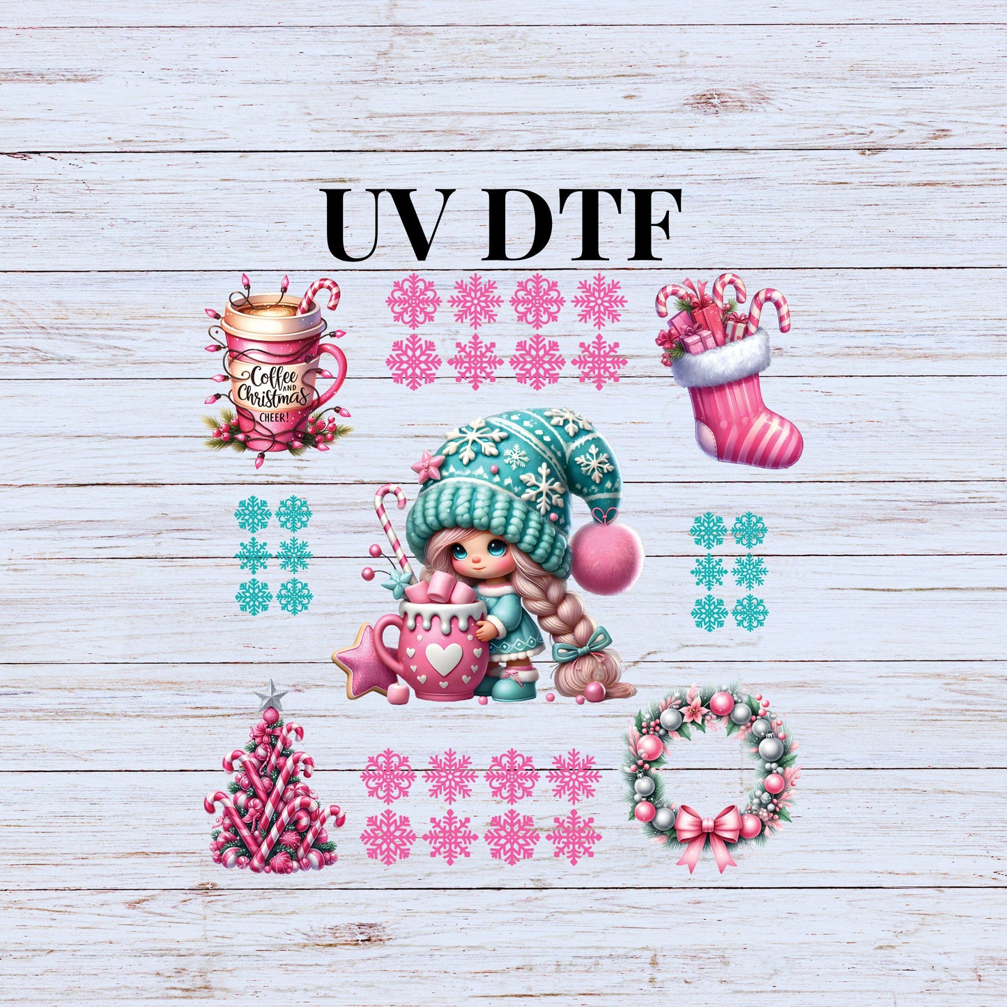 UV DTF Sticker prints. Sweet Pink Christmas element sheet with snowflakes bundle decal, permanent sticker. #7222