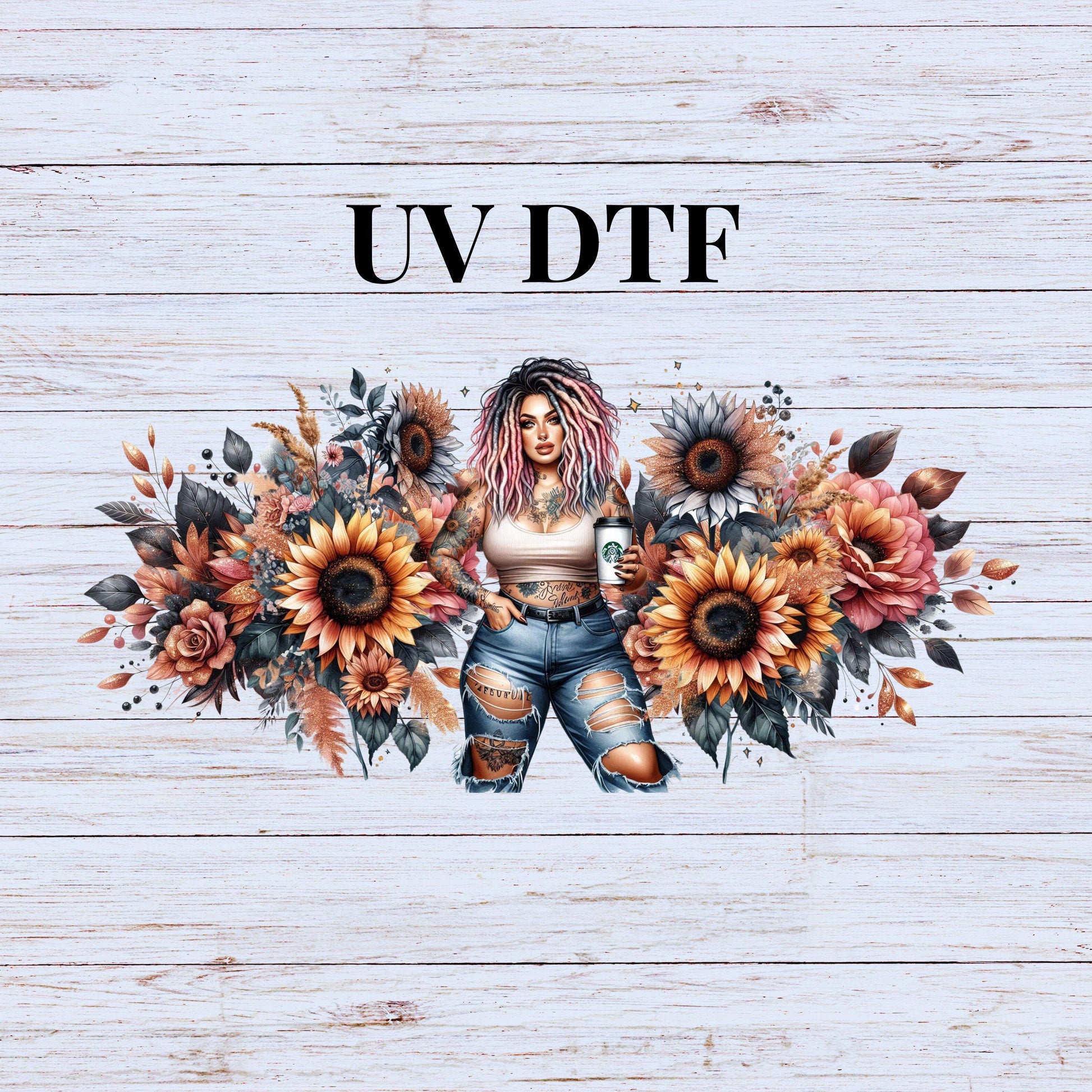 UV DTF Sticker print. Anxiety University tattoo girl with retro flowers wrap decal, tumbler decal. UV wrap for glass can tumbler. #5229