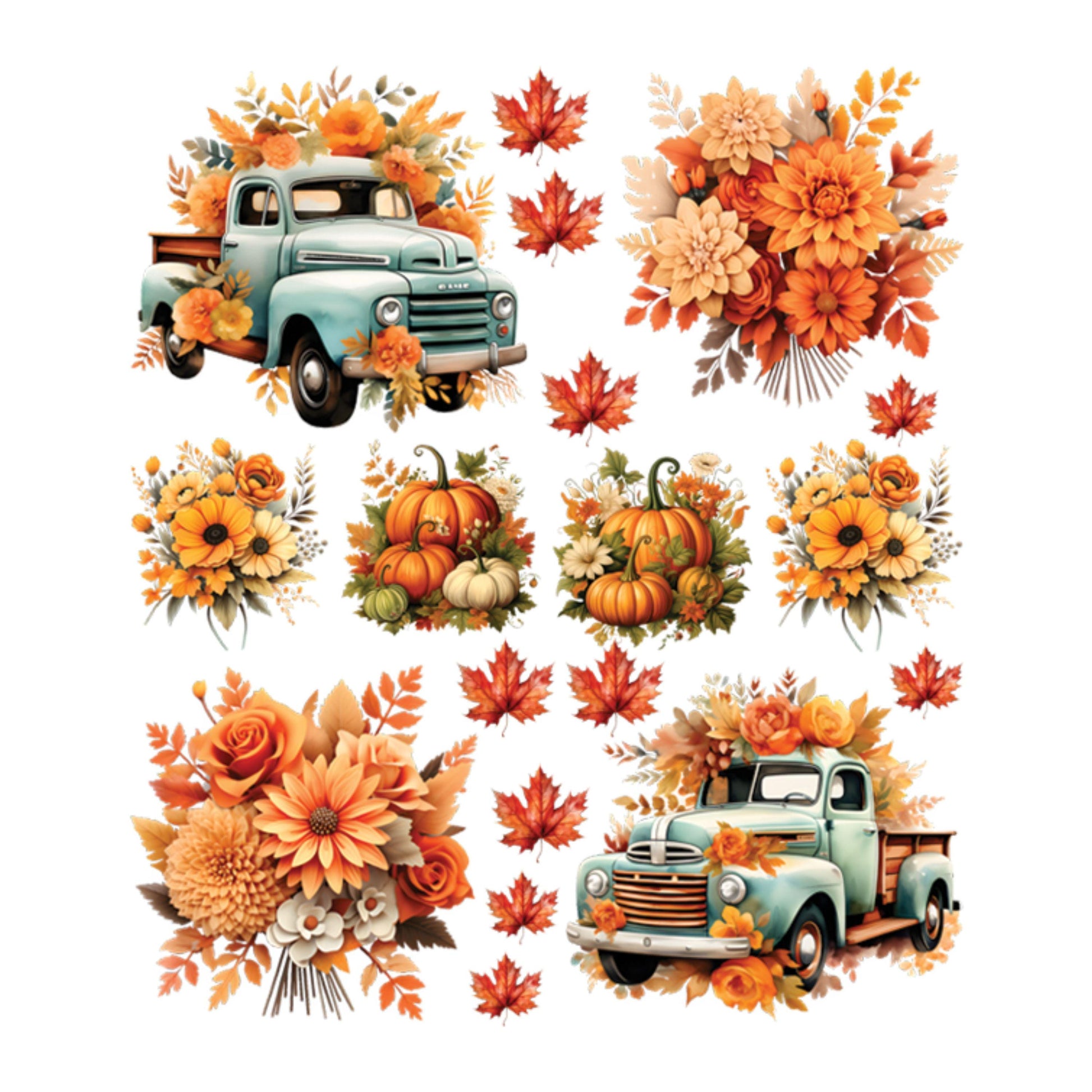 UV DTF Sticker prints. Teal Fall Truck and pumpkins flower element sheet bundle decal, permanent sticker. #6003