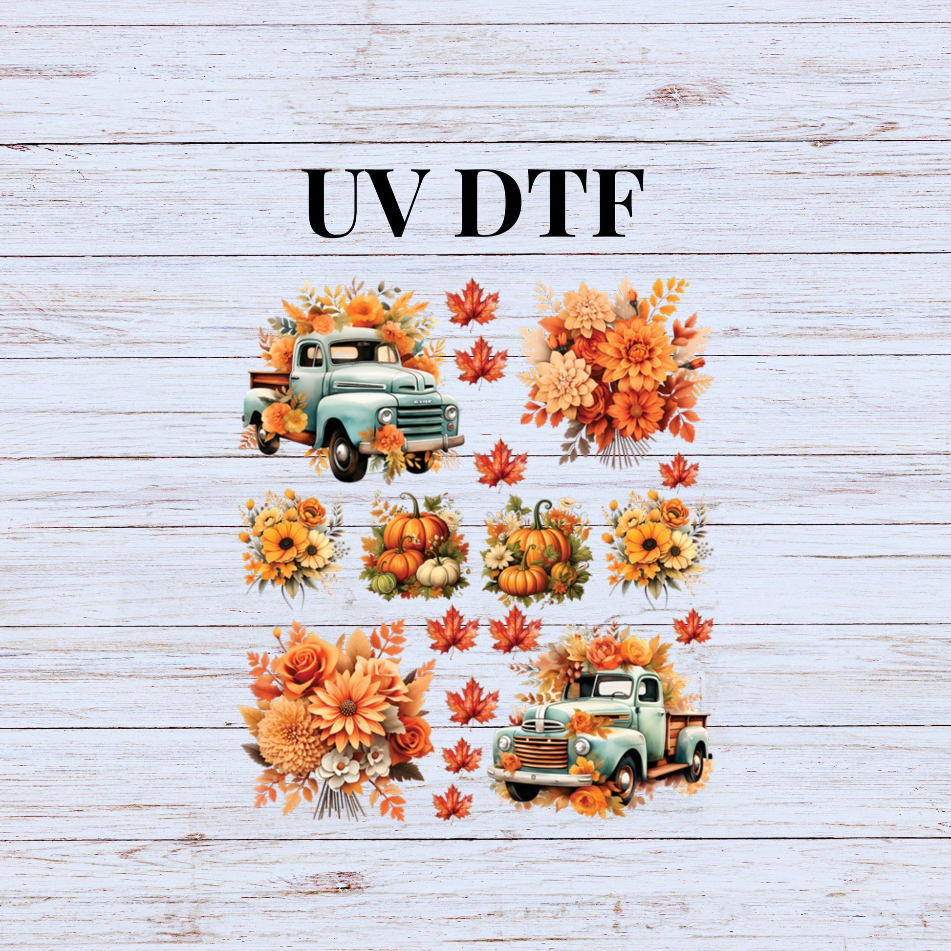 UV DTF Sticker prints. Teal Fall Truck and pumpkins flower element sheet bundle decal, permanent sticker. #6003