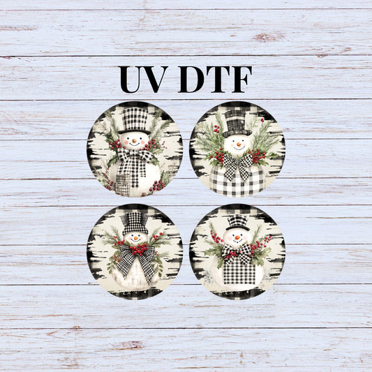 UV DTF Sticker print Buffalo Plaid Snowman Christmas 4pk round Christmas Ornament decals, tumbler decal, permanent sticker.#7228