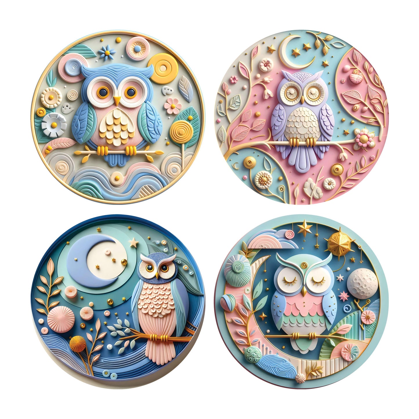 UV DTF Sticker print Owl 3d pattern Christmas 4pk round Christmas Ornament decals, tumbler decal, permanent sticker.#7229