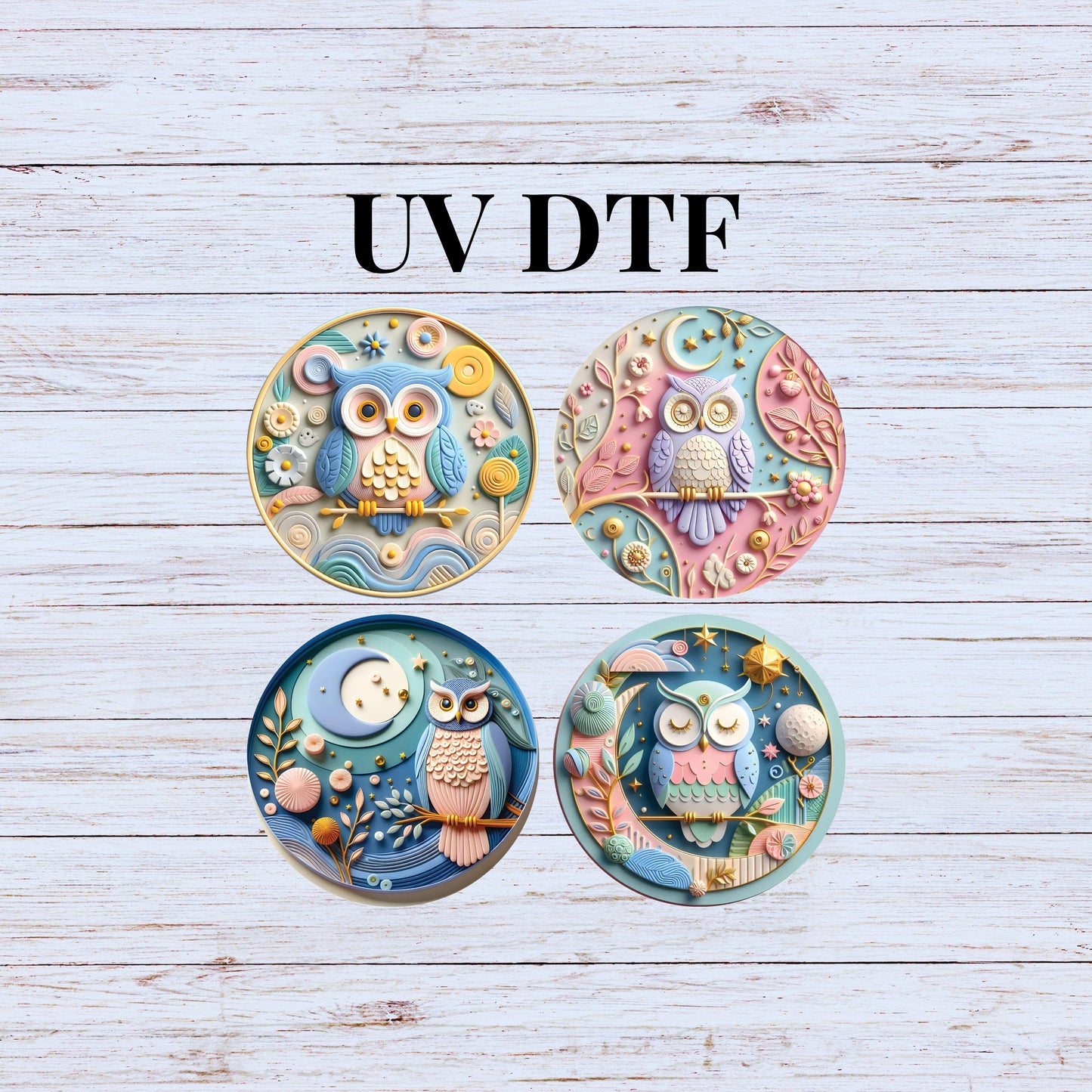 UV DTF Sticker print Owl 3d pattern Christmas 4pk round Christmas Ornament decals, tumbler decal, permanent sticker.#7229