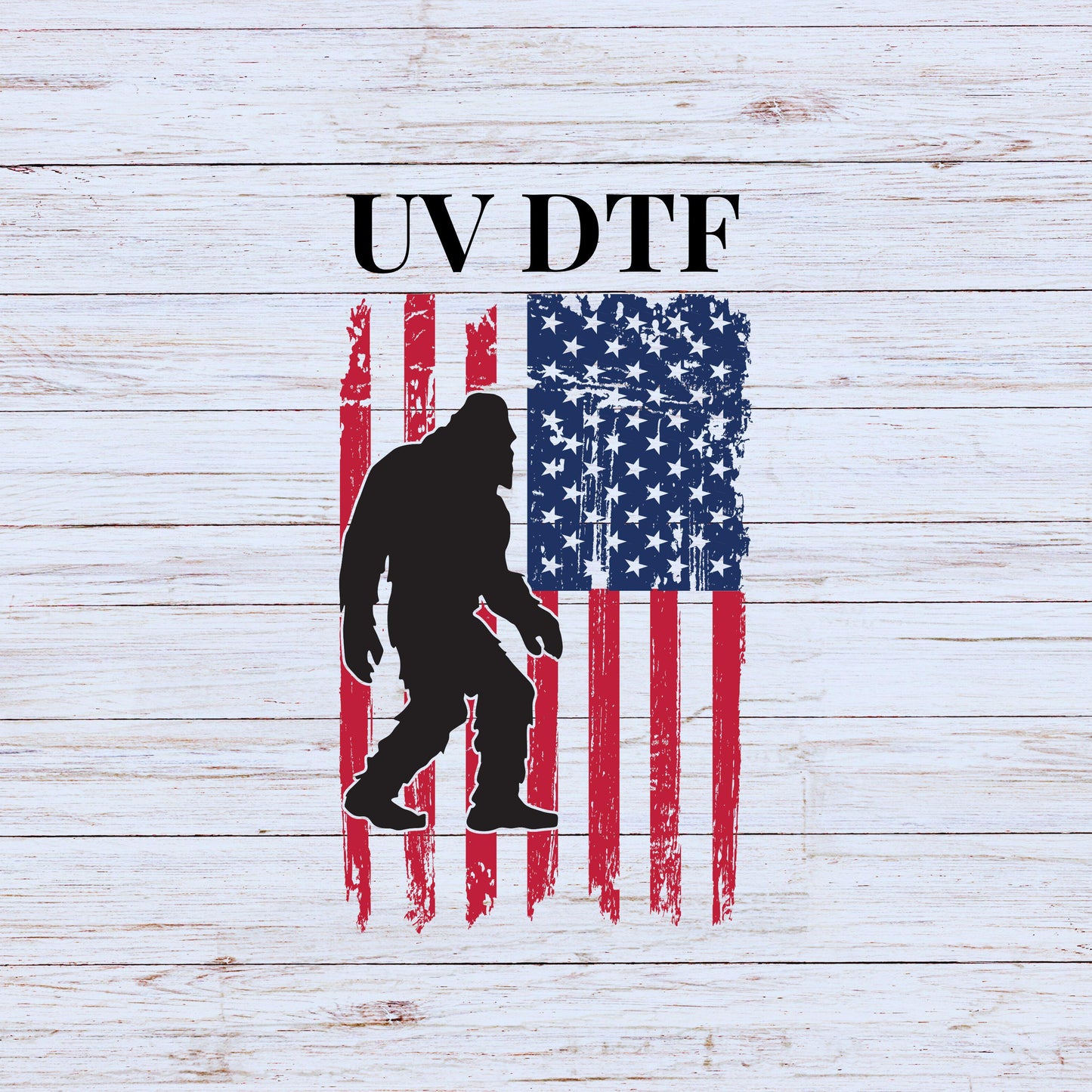 UV DTF Sticker print American flag sasquatch decal, tumbler decal, permanent sticker. #10100