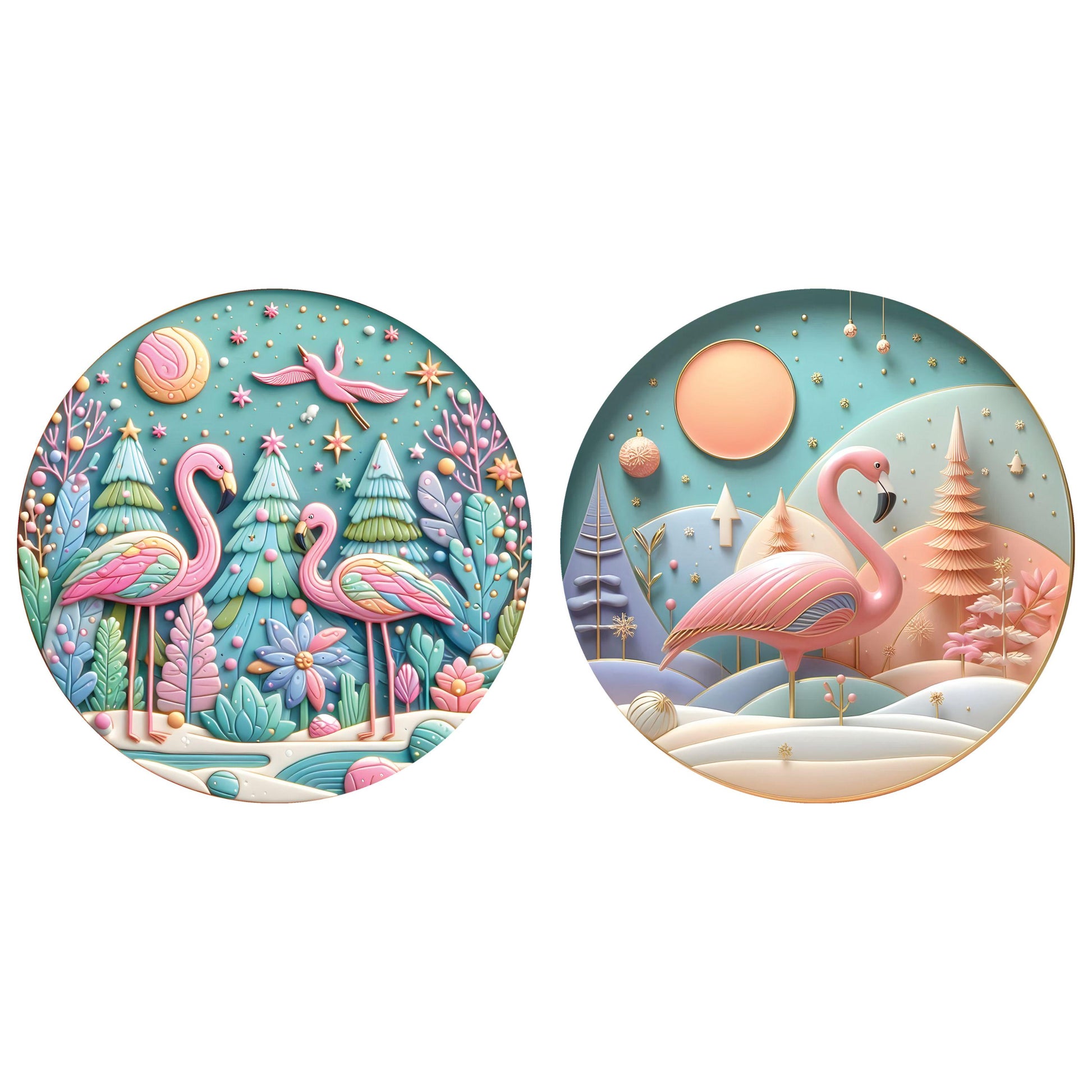 UV DTF Sticker print Flamingo 3D pattern Christmas 2pk round Christmas Ornament decals, tumbler decal, permanent sticker.#7230