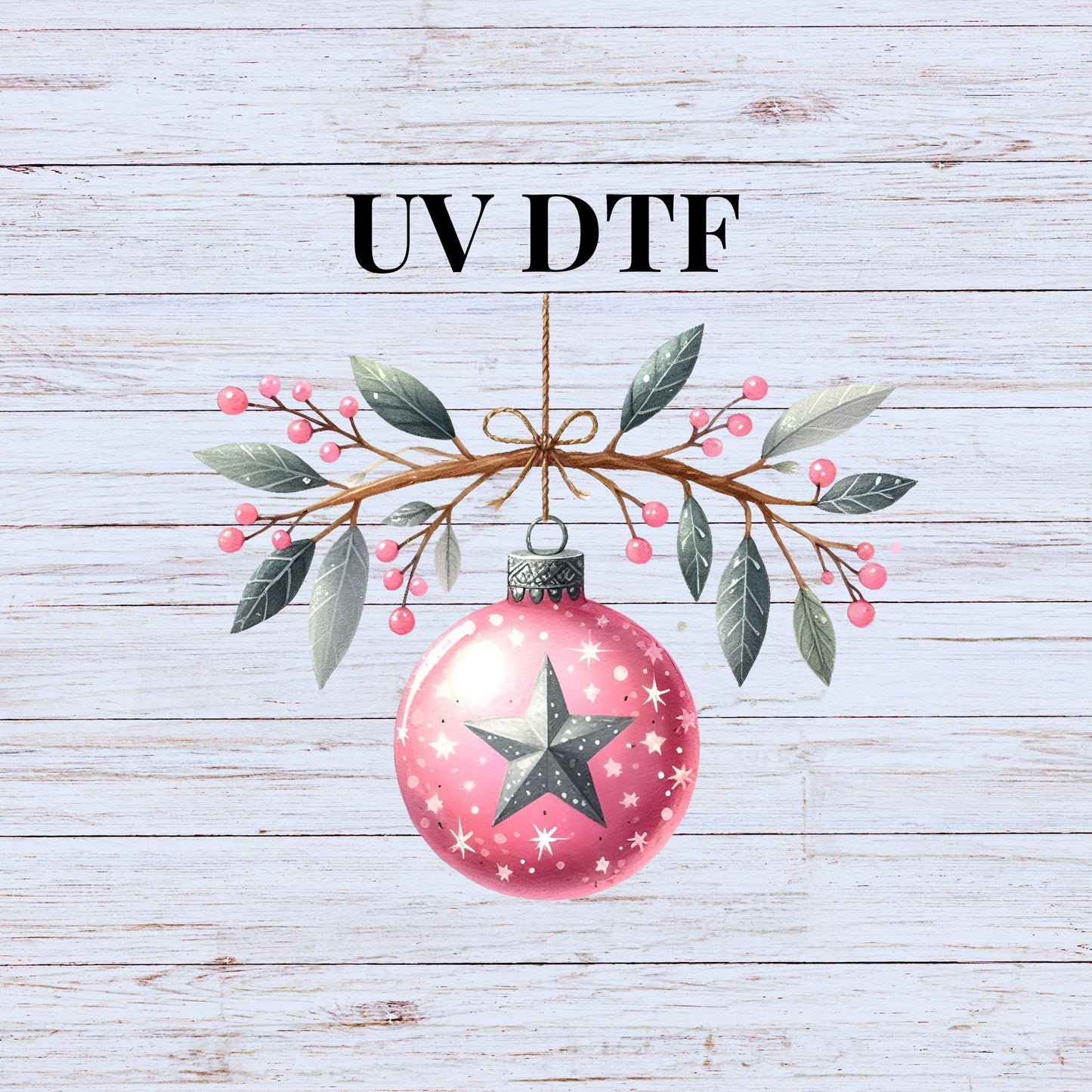 UV DTF Sticker print Pink Christmas ornament with flowers decal, tumbler decal, permanent sticker. #7233