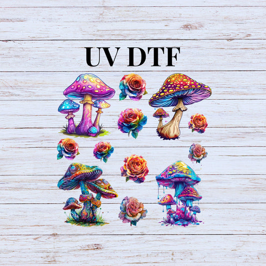 UV DTF Sticker prints. Colorful mushroom element sheet bundle decal, retro hippie shrooms permanent sticker. #10102