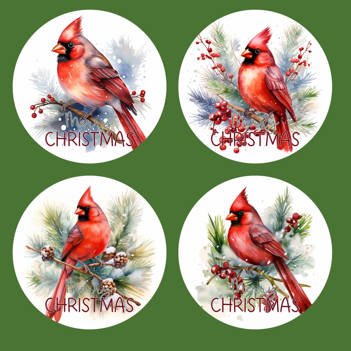 UV DTF Sticker print Red Cardinal 4pk round Christmas Ornament decals, tumbler decal, permanent sticker. Uv wrap for glass can tumbler.#7196