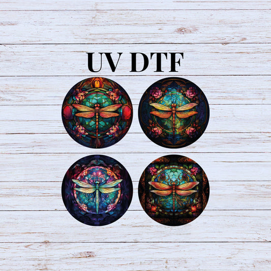 UV DTF Sticker print Stained glass dragonflies 4pk round Christmas Ornament decals, tumbler decal, permanent sticker.#7196