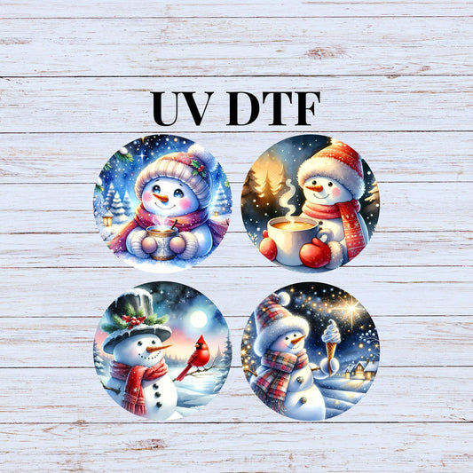 UV DTF Sticker print Snowman Hot Cocoa Red Cardinal Christmas 4pk round Christmas Ornament decals, tumbler decal, permanent sticker.#7196