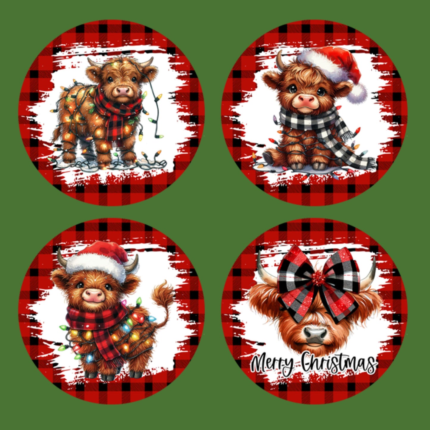 UV DTF Sticker print Plaid Cow Red and Black pattern Christmas 4pk round Christmas Ornament decals, tumbler decal, permanent sticker.#7196