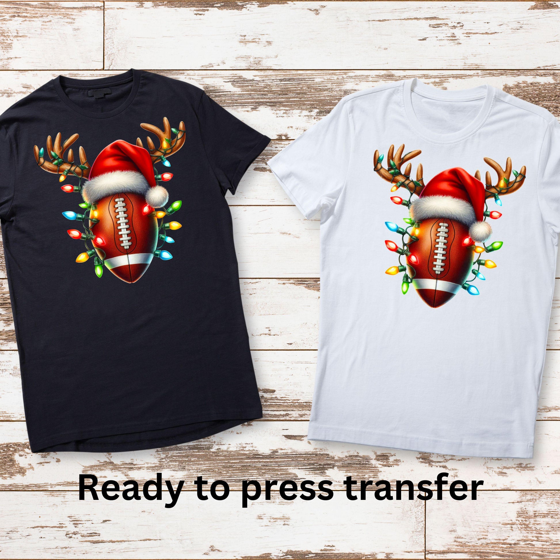 DTF ready to press transfer. Football with Christmas lights and antlers. Direct to film heat press transfer. DTF Print, Heat Transfer #11000