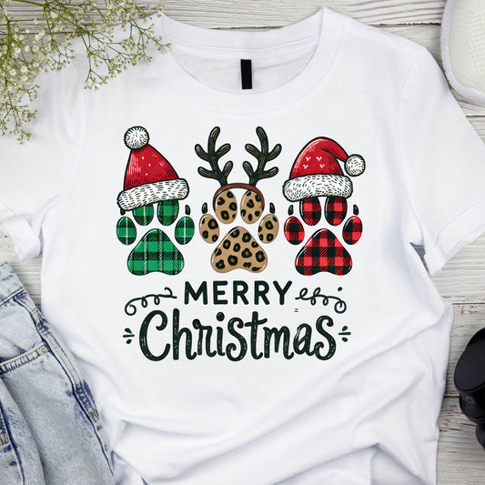 DTF ready to press transfer. Dog paw Merry Christmas cheetah Santa. Direct to film heat press transfer. DTF Print, Heat Transfer #11007