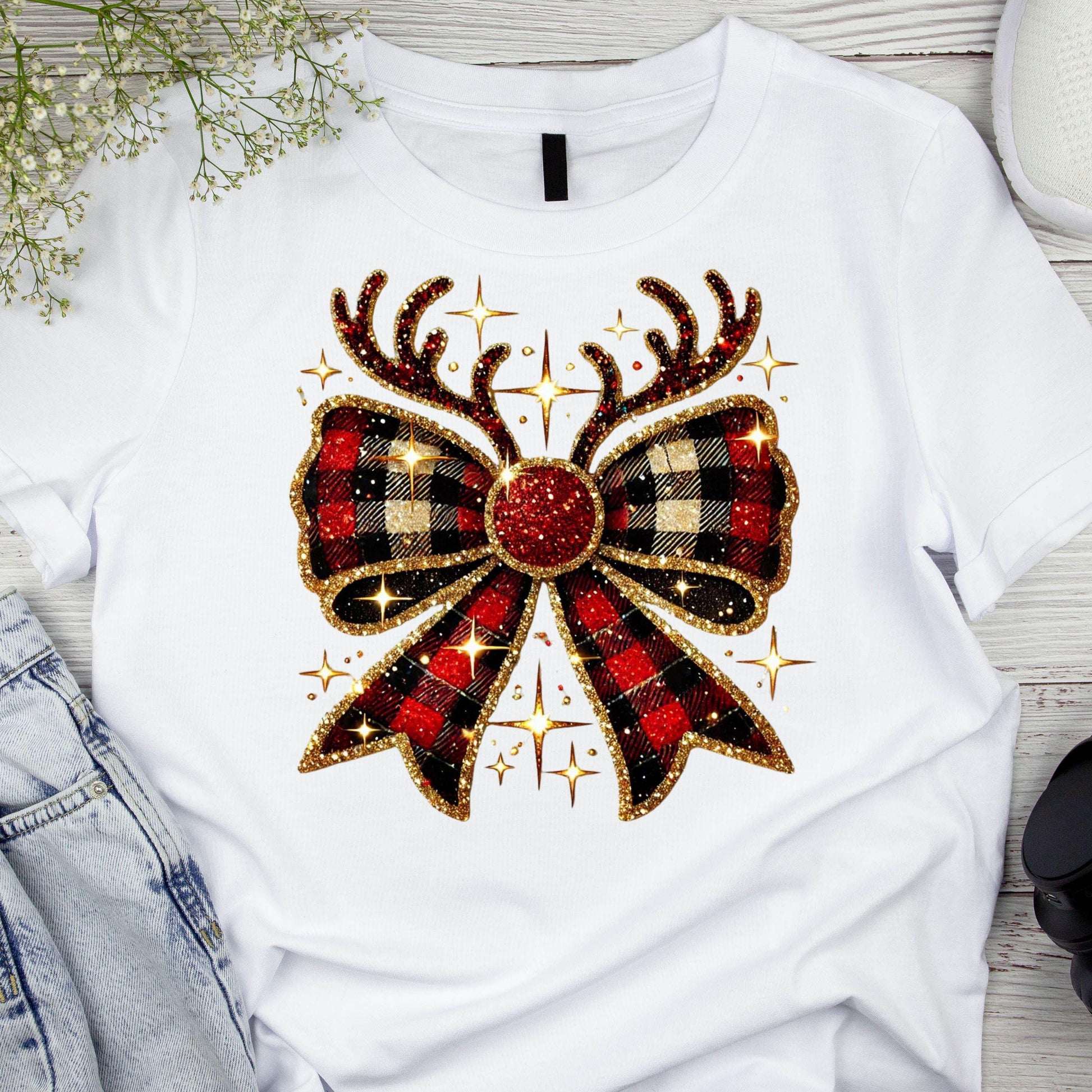 DTF ready to press transfer. Christmas reindeer bow with buffalo check. Direct to film heat press transfer. DTF Print, Heat Transfer #11024