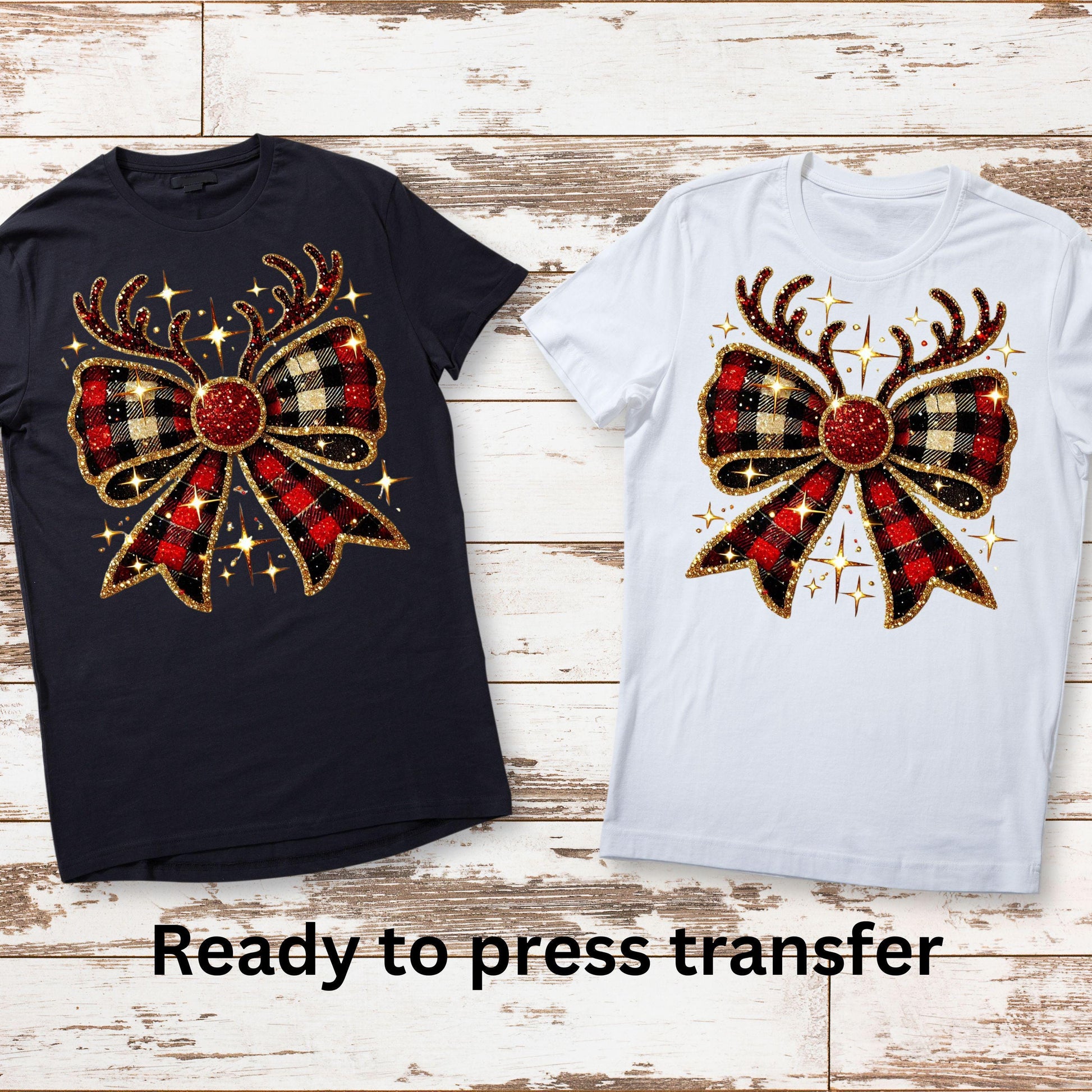 DTF ready to press transfer. Christmas reindeer bow with buffalo check. Direct to film heat press transfer. DTF Print, Heat Transfer #11024