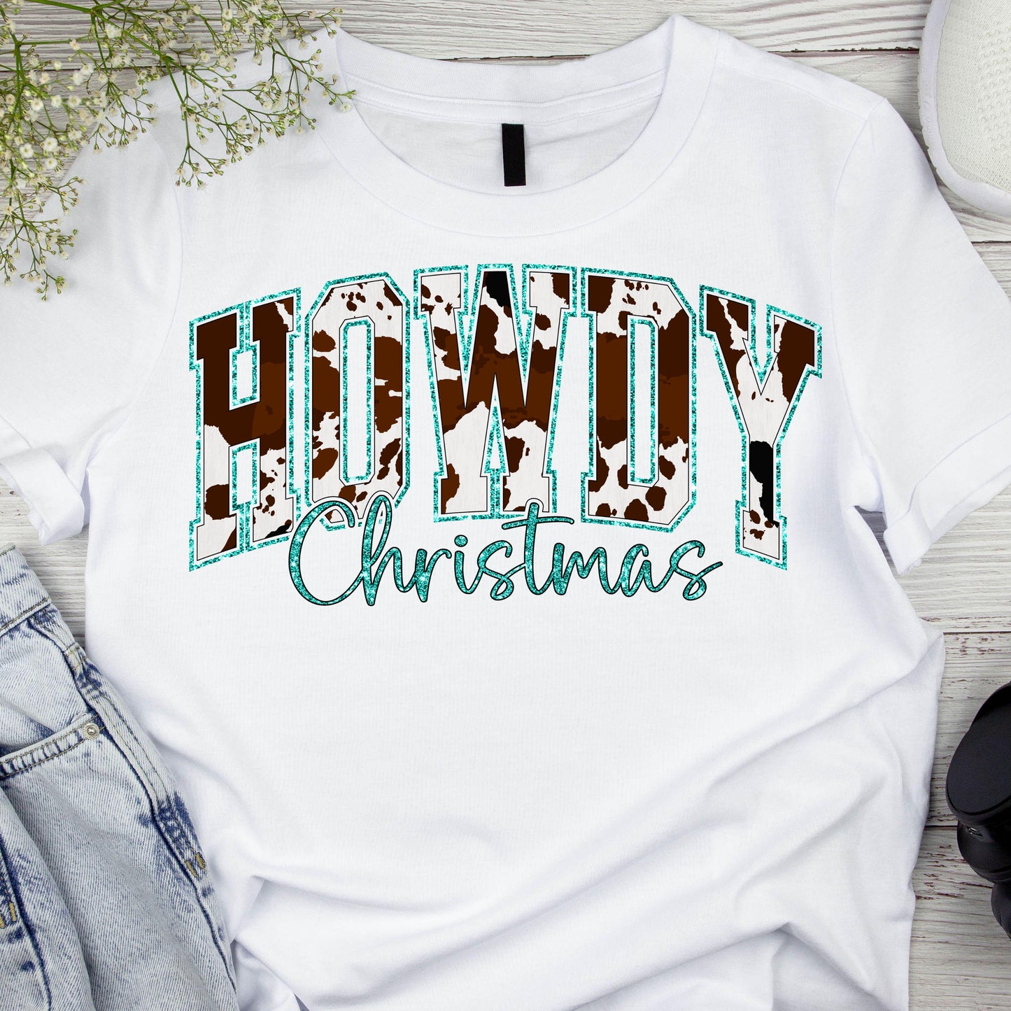 DTF ready to press transfer. Howdy Christmas yearbook letters and teal. Direct to film heat press transfer. DTF Print, Heat Transfer #11035