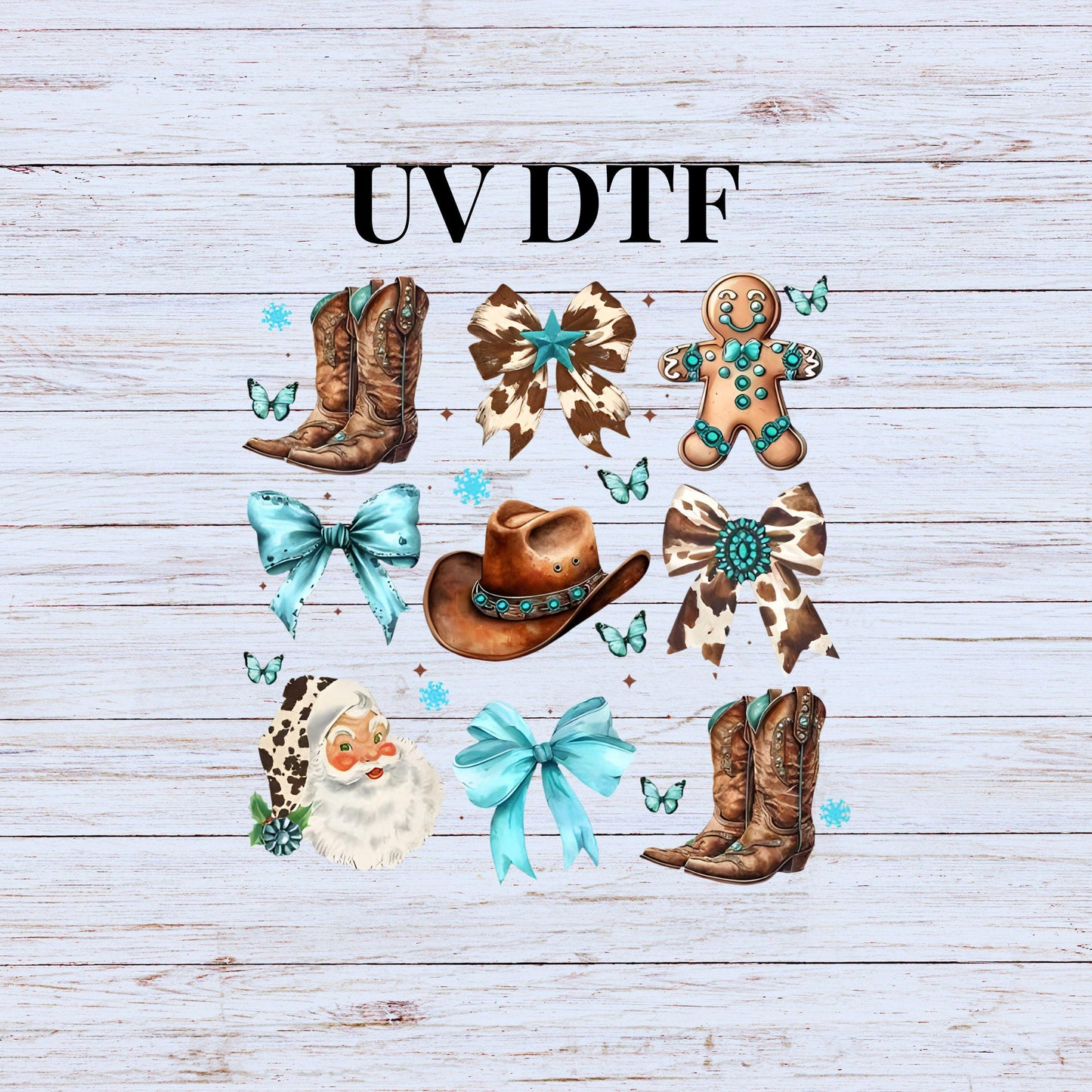 UV DTF Sticker print Western Teal Christmas croquette decal, tumbler decal, permanent sticker. #7236