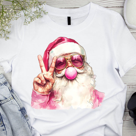 DTF ready to press transfer. Pink bubble Santa peace sign sunglasses decal. Direct to film heat press transfer.DTF Print,Heat Transfer#11059