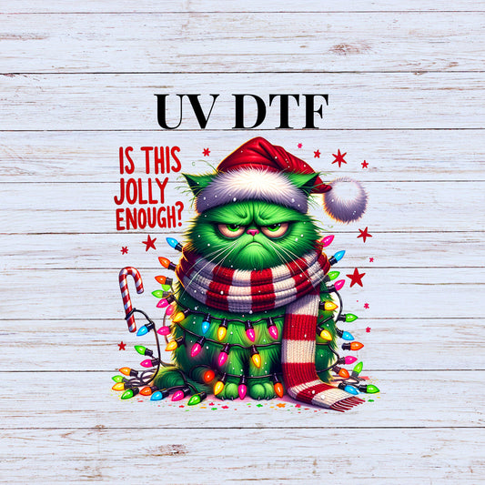 UV DTF Sticker print. Jolly enough Cat Christmas decal, tumbler decal. UV wrap for glass can tumbler.#7201