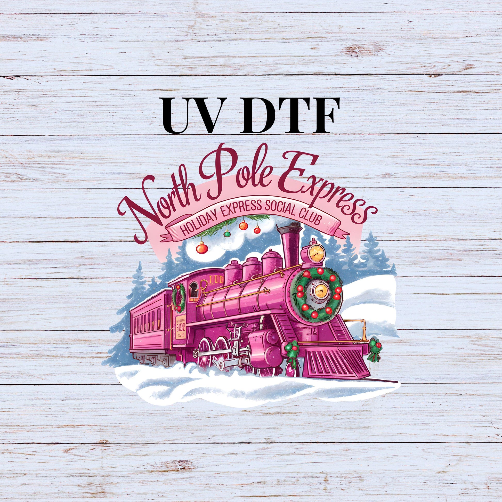 UV DTF Sticker print Pink North Pole Express Train Christmas decal, tumbler decal, permanent sticker. #7208