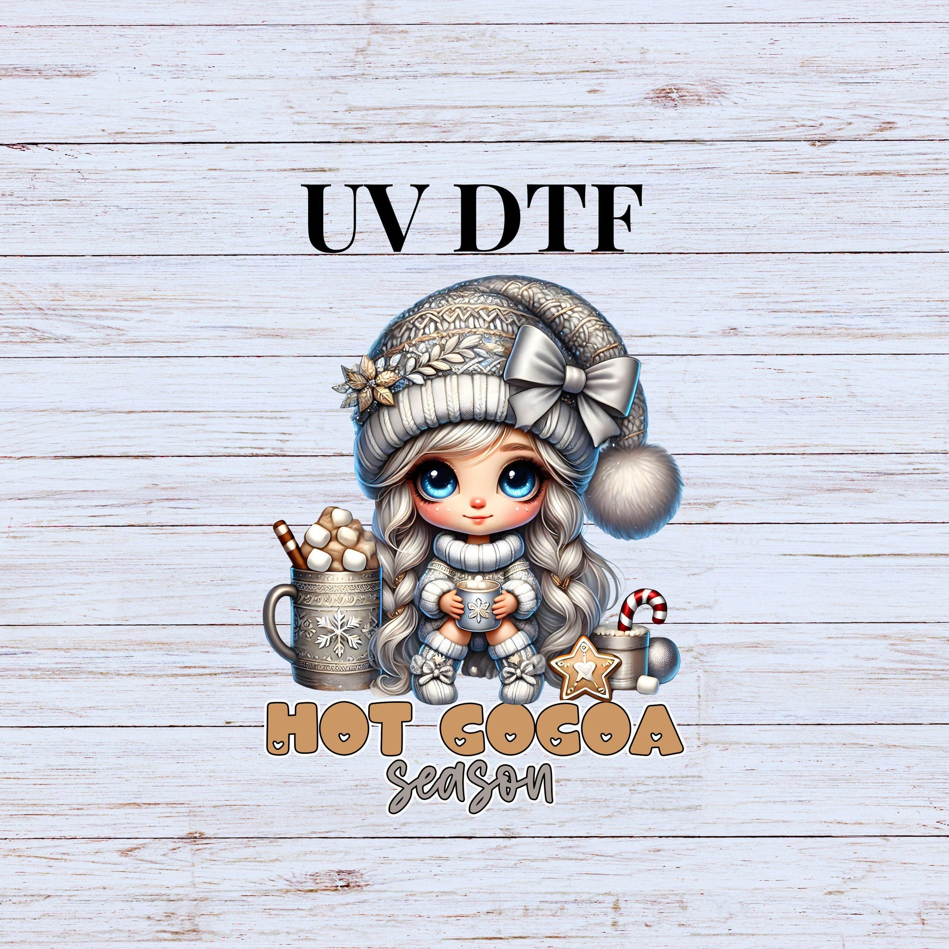 UV DTF Sticker print Hot Cocoa Season Cutie Silver and Gold Christmas decal, tumbler decal, permanent sticker. #7209