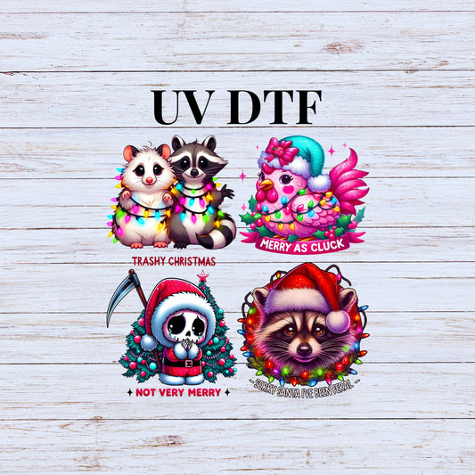 UV DTF Sticker print Not so merry bundle of 4 decals, feral trashy skull tumbler decal, permanent sticker. #7214