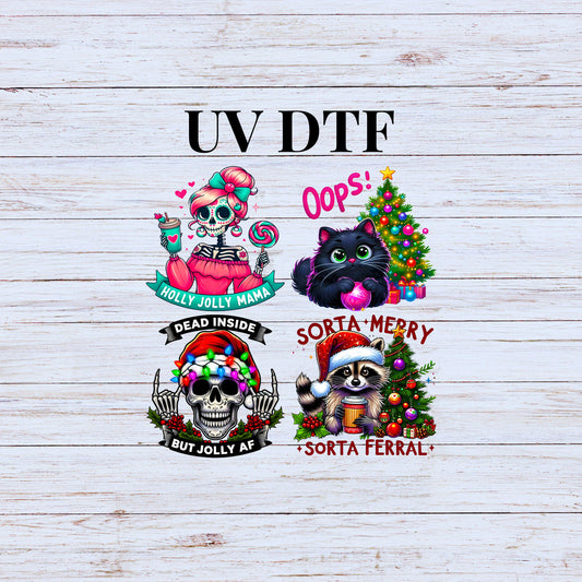 UV DTF Sticker print Sorta Feral bundle of 4 decals, holly jolly mama, dead inside but jolly af Christmas decals, permanent sticker. #7215