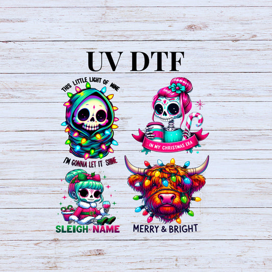 UV DTF Sticker print Sleigh my name bundle of 4 decals, in my Christmas Era, merry and bright skull decal, permanent sticker. #7217