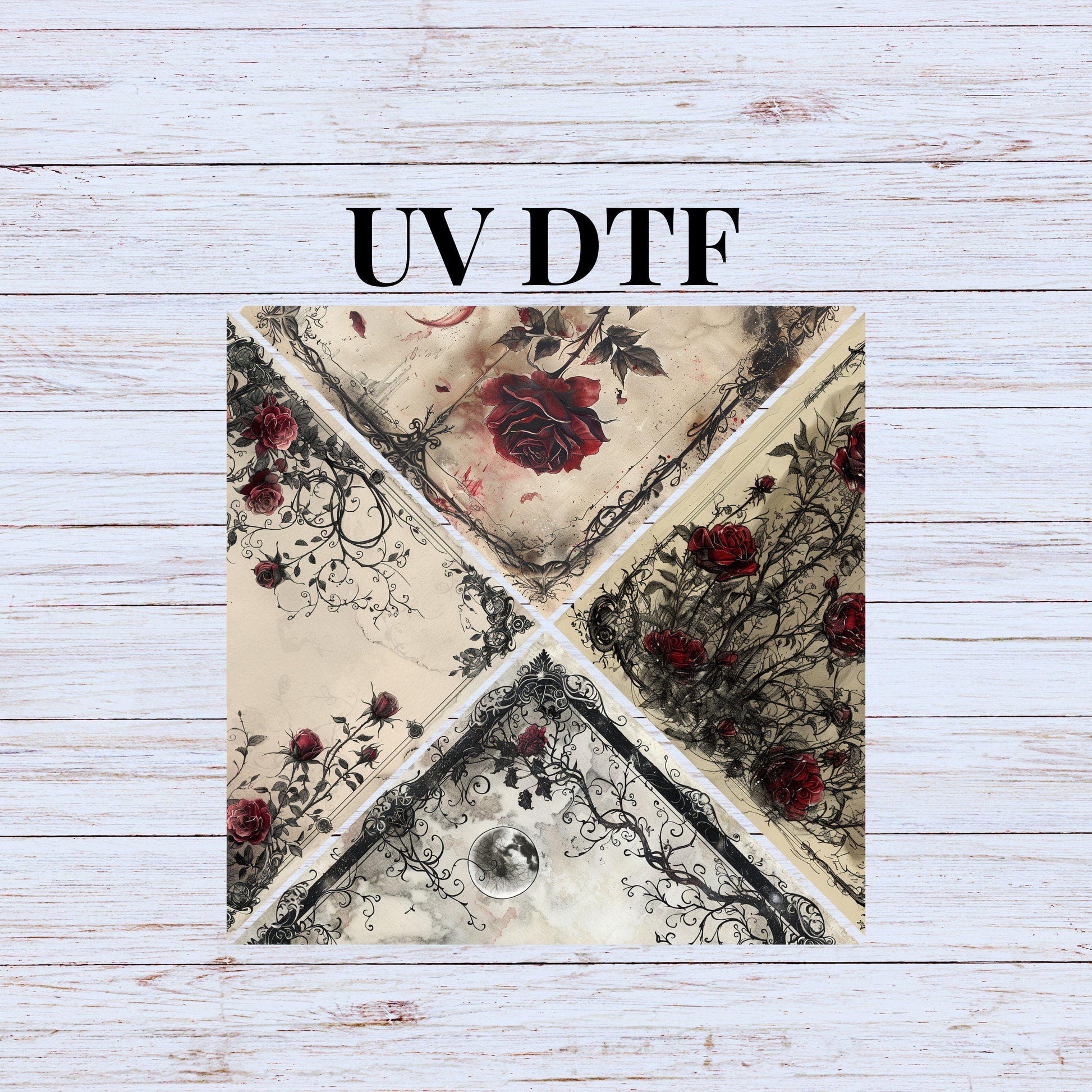 UV DTF Sticker print. Goth Rose 4 triangle V Split Helper tumbler wrap decal, tumbler decal. UV wrap for tumbler. #5225