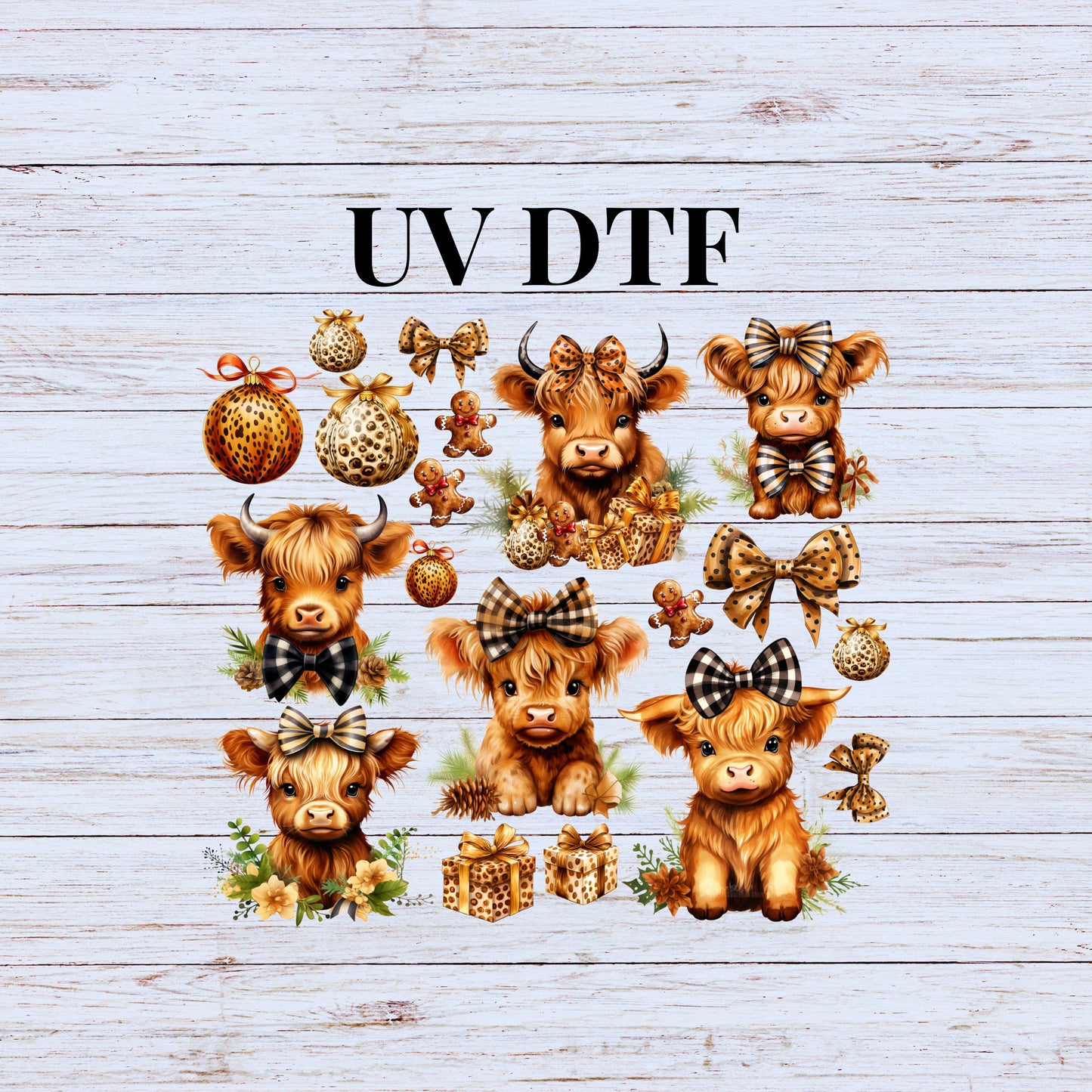 UV DTF Sticker prints. Christmas Cows and Gingerbread Cheetah print element sheet bundle decal, permanent sticker. #7221