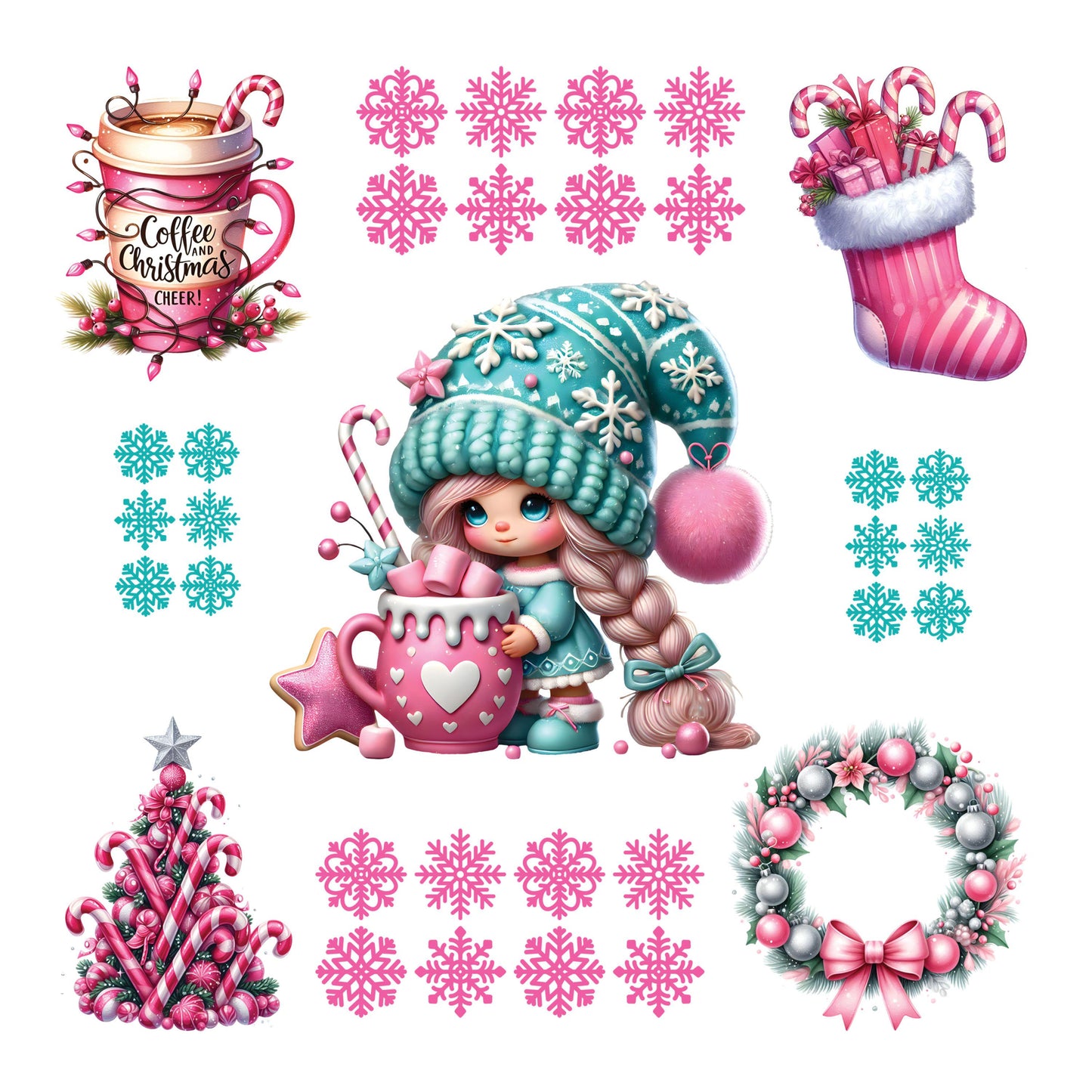 UV DTF Sticker prints. Sweet Pink Christmas element sheet with snowflakes bundle decal, permanent sticker. #7222