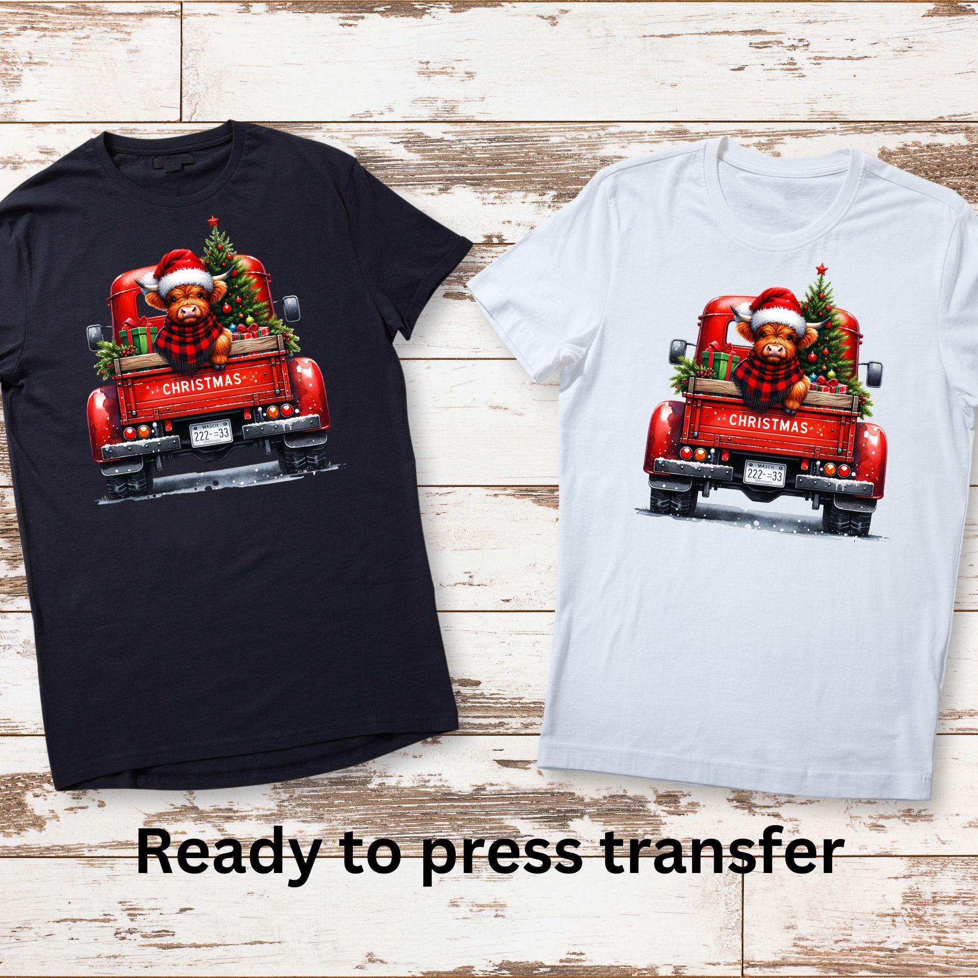 DTF ready to press transfer. Red Truck highland cow Christmas. Direct to film heat press transfer. DTF Print, Heat Transfer #11073